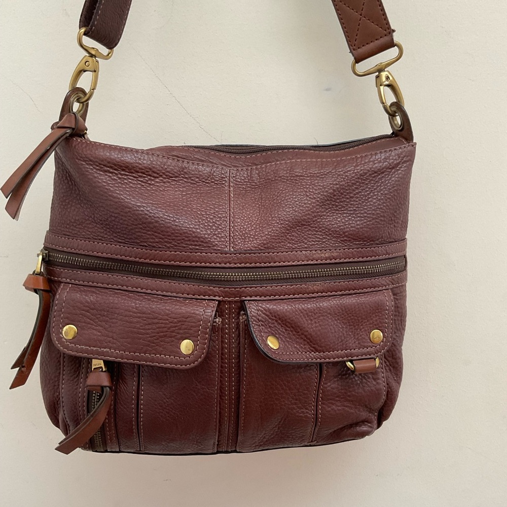 Fossil brown leather messenger bag